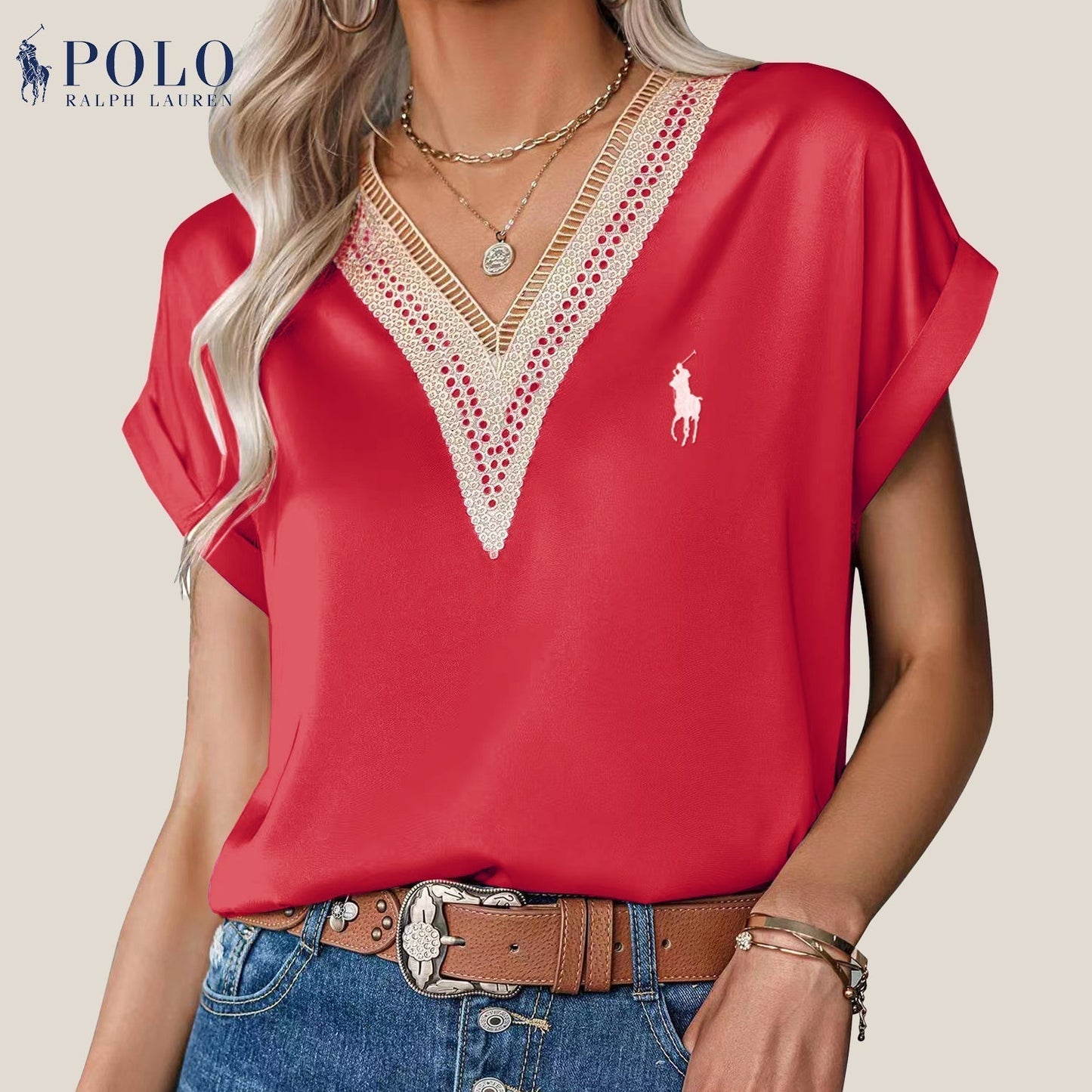 Blouse en satin avec dentelle et décolleté en V de Ralph Lauren