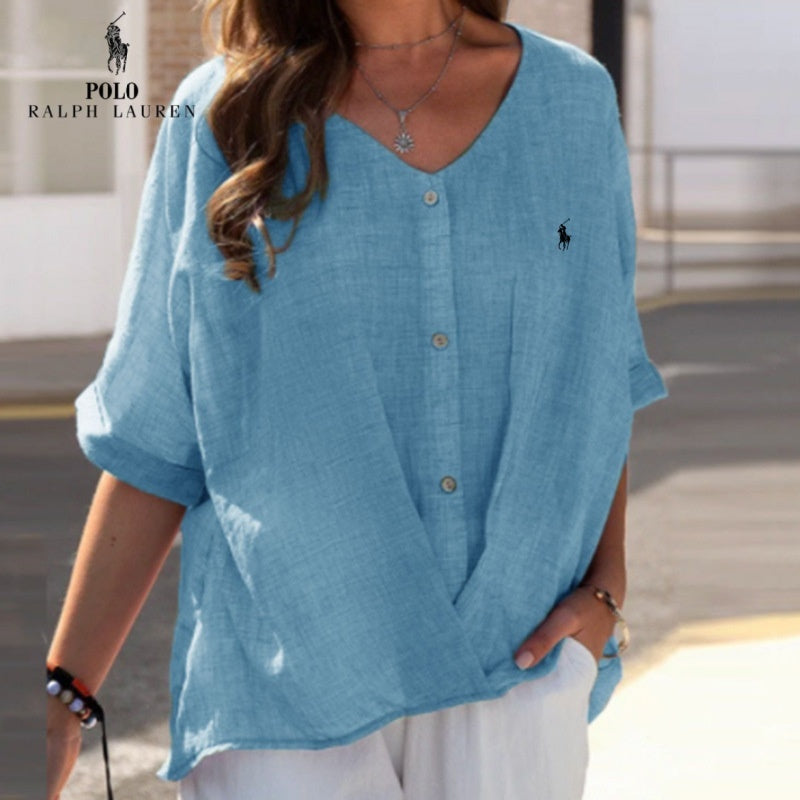 🇫🇷 Chemise en lin à col en V et volant pour femme RL