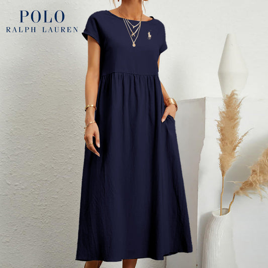 Robe longue marine à taille empire