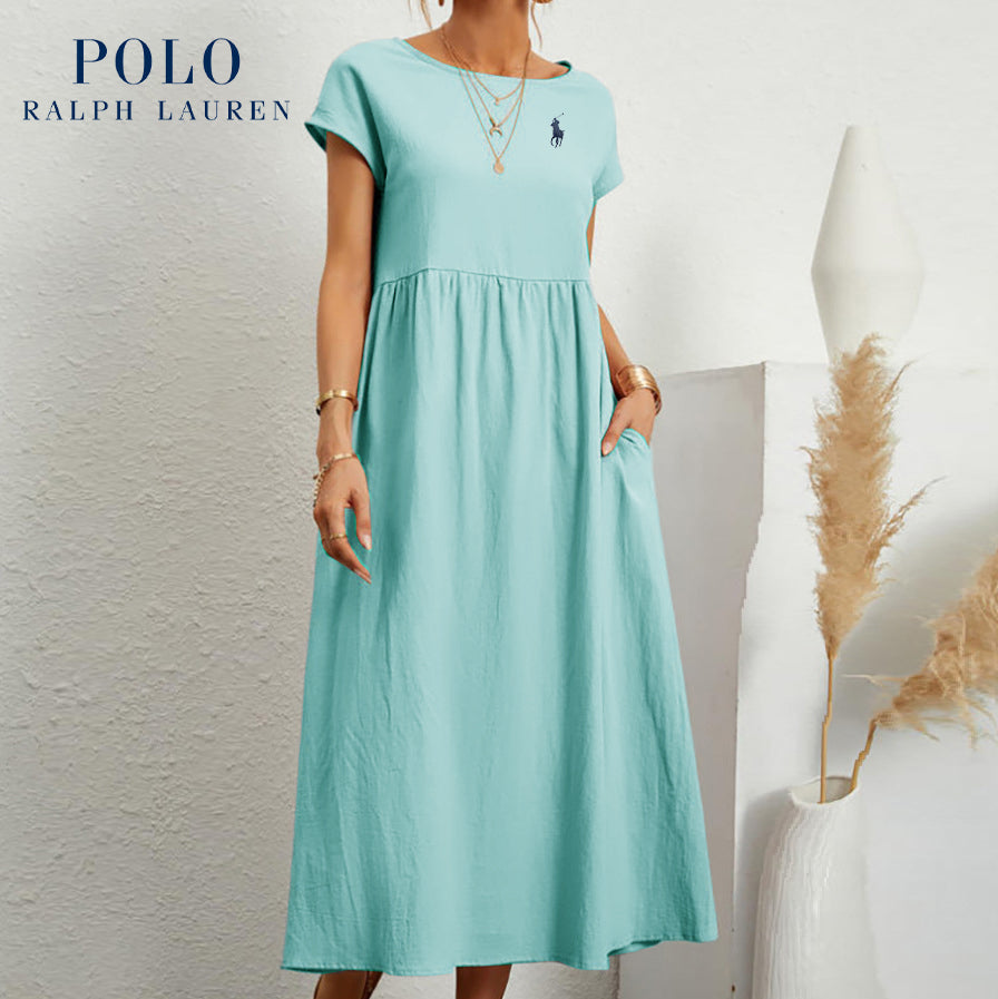 Robe longue marine à taille empire