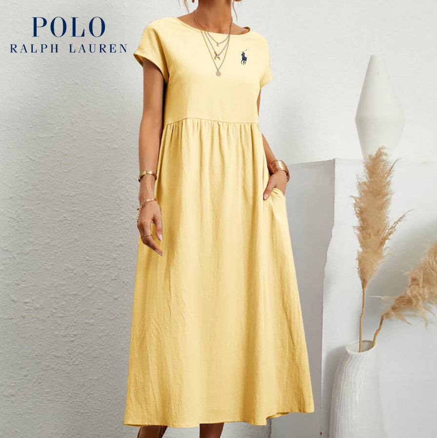 Robe longue marine à taille empire