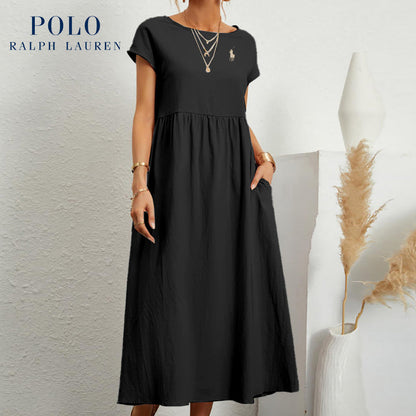 Robe longue marine à taille empire