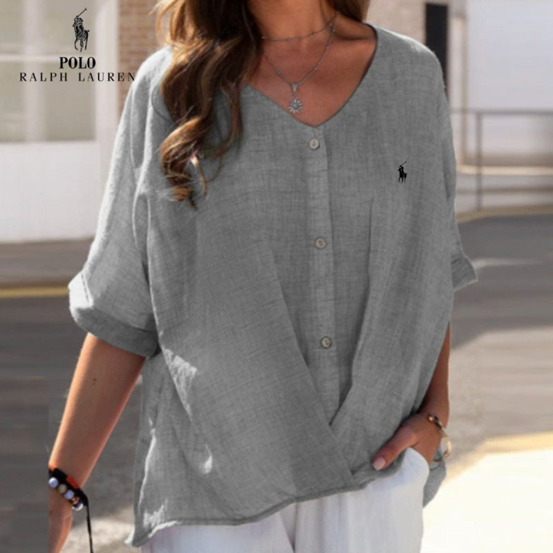 🇫🇷 Chemise en lin à col en V et volant pour femme RL