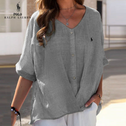 🇫🇷 Chemise en lin à col en V et volant pour femme RL