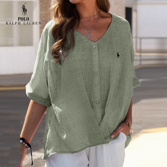 🇫🇷 Chemise en lin à col en V et volant pour femme RL