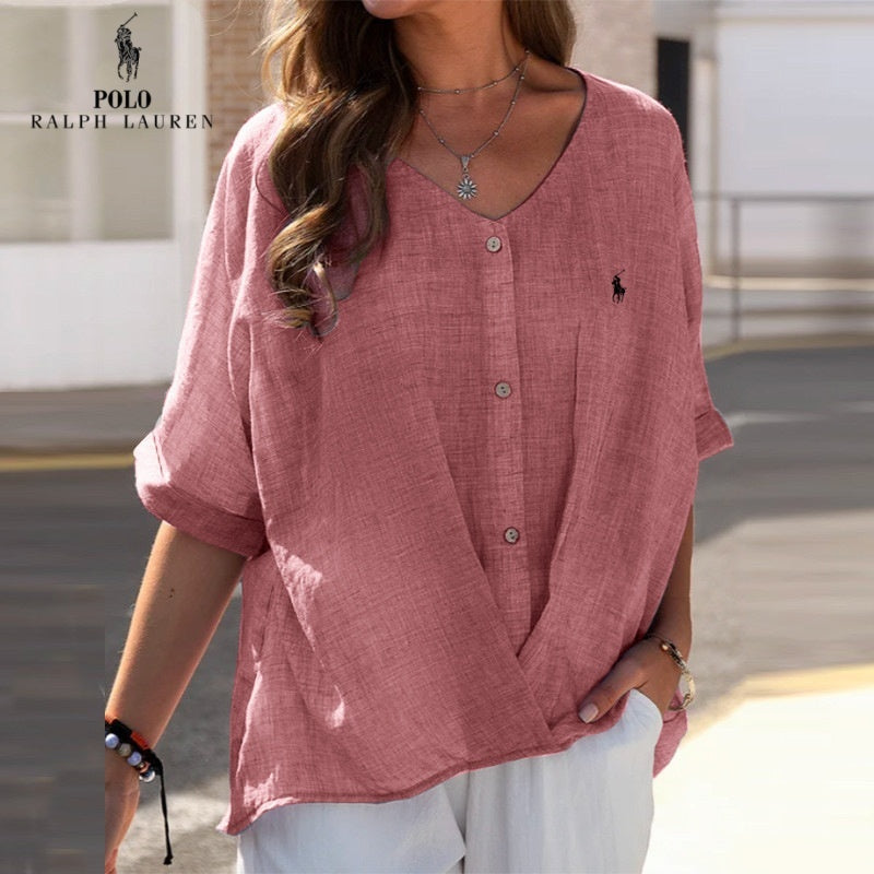 🇫🇷 Chemise en lin à col en V et volant pour femme RL